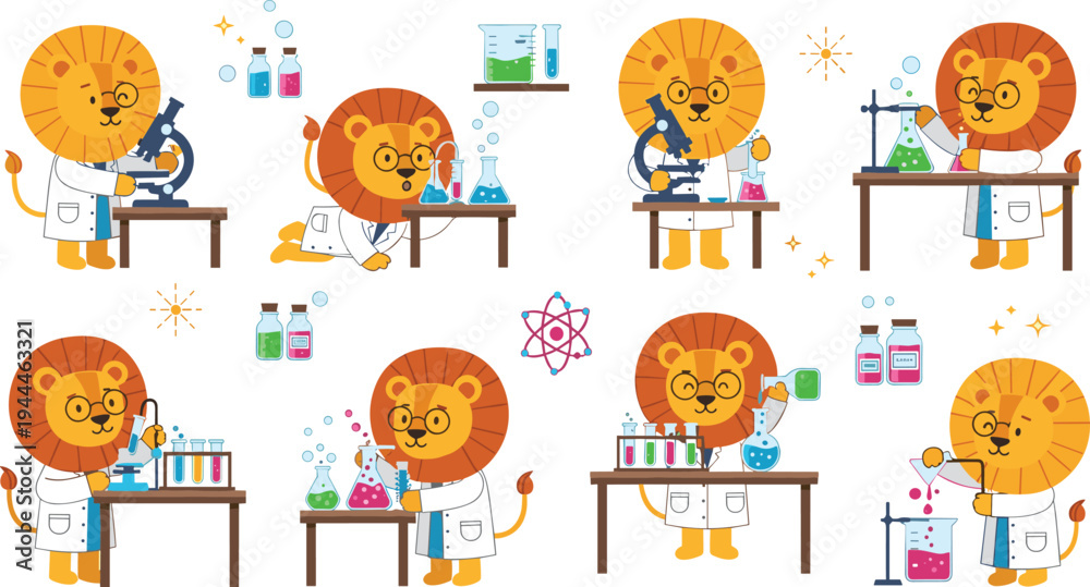 Fototapeta premium Cute Lion Scientist Characters Doing Chemistry Experiments in Laboratory with Beakers, Flasks and Microscope, Cartoon Animal Science Education Vector Illustration Set