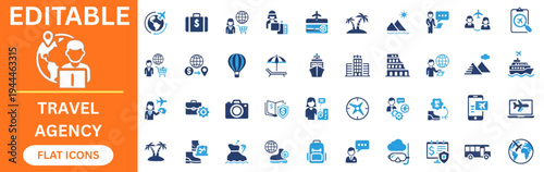 Professional travel agency and tourism flat icons set. Passport, globe, suitcase, airplane, hotel, tropical island, cruise ship, camera, backpack, vacation