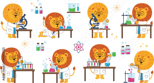 Cute Lion Scientist Characters Doing Chemistry Experiments in Laboratory with Beakers, Flasks and Microscope, Cartoon Animal Science Education Vector Illustration Set