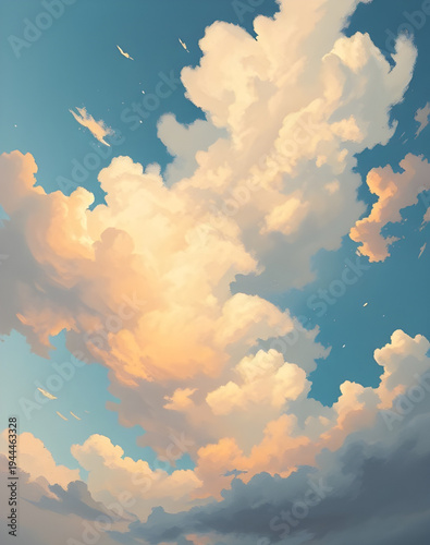 cloudscape, sky, clouds, mist, vapor, haze, sunlight, glow, shine, brightness, calmness, peacefulness, serenity, dreamy, nature, scenery, backdrop, artwork, painting, watercolor, canvas, texture, brus
