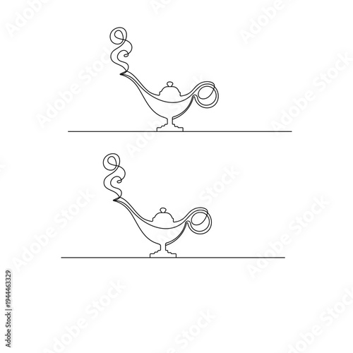 Continuous line drawing of a magic genie lamp on a white background
