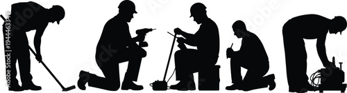 Construction worker silhouette set featuring builders using tools drill hammer equipment for site maintenance renovation and industrial labor project works
