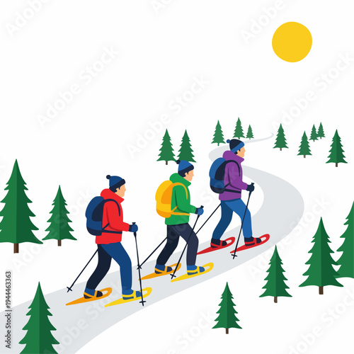 Three People Snowshoeing on a Winding Path Through a Snowy Forest.