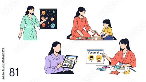 Digital Classroom: Four woman tutor child online on her laptop, guiding through interactive vocabulary, space and crafting activities in a modern digital classroom. 