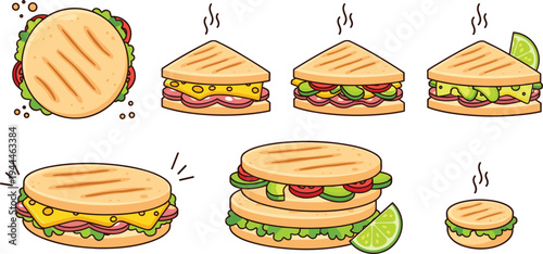 Grilled sandwich and panini collection with cheese vegetables and toasted bread delicious fast food cartoon flat vector illustration set