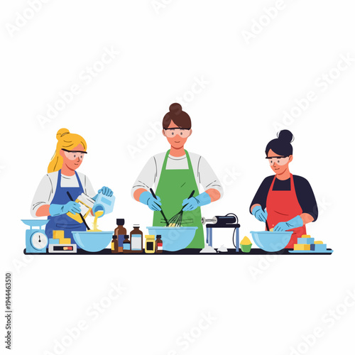 Three women making soap together in a workshop.