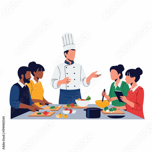 Cooking class with chef and students.