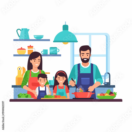 Family Cooking Together In A Modern Kitchen.