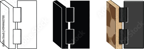 Door hinge vector illustrations presented in outline solid black and wooden texture styles suitable for architectural design construction graphics and home improvement concepts