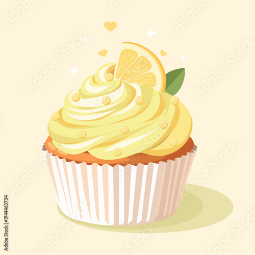 Lemon Cupcake. Vector illustration of a lemon cupcake with creamy icing, garnished with lemon wedge. Suitable for dessert menus, bakeries, holidays, culinary blogs, themed dessert menus, sweet themes