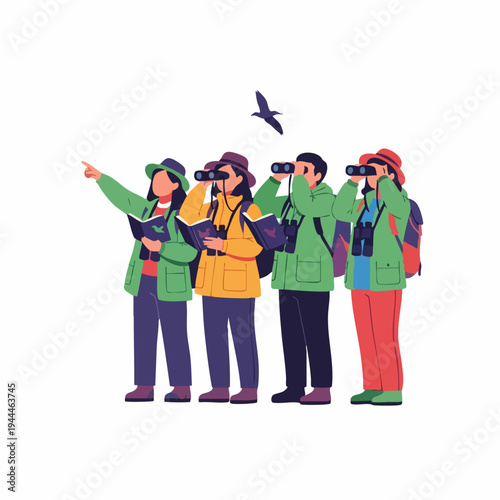 Group of bird watchers observing wildlife with binoculars.