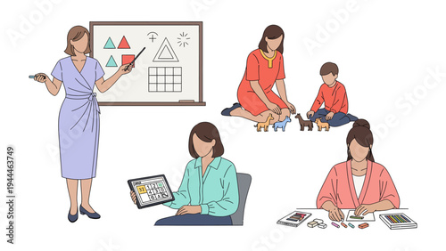Women Working Illustration: A collection of digital illustrations depict women working as teacher, caretaker, working remotely with tablet and working with tools