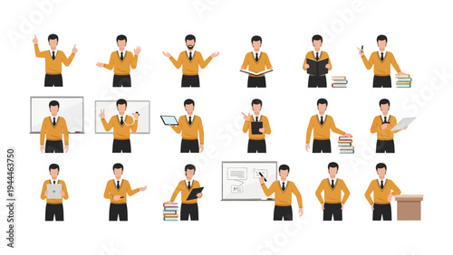 Teacher's Pose Collection: A diverse collection of illustrations featuring a male teacher in various professional poses, perfect for educational and business related context.