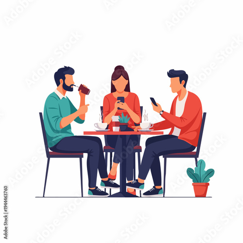 Three friends sitting at a table using their smartphones.