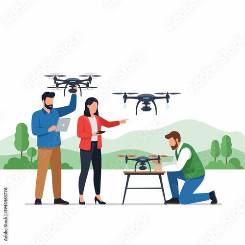 Drone Technology Team Working Together Outdoors.
