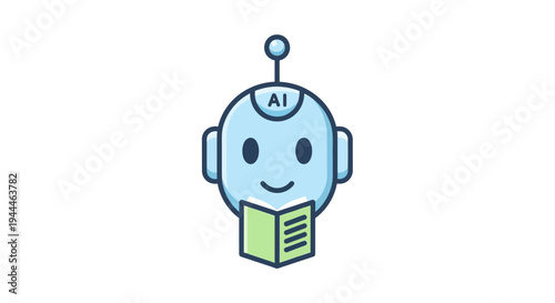 Cartoon Robot Reading Book with AI Label.