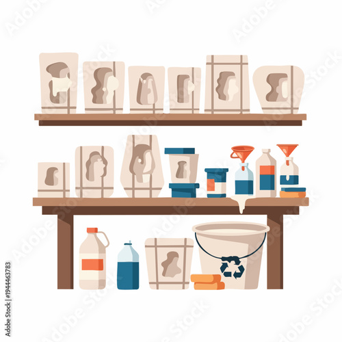 Ceramic studio workbench with plaster molds and pottery supplies.