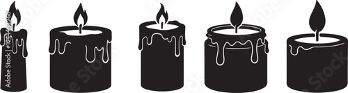 Five black silhouette candles with varying designs and melting wax details