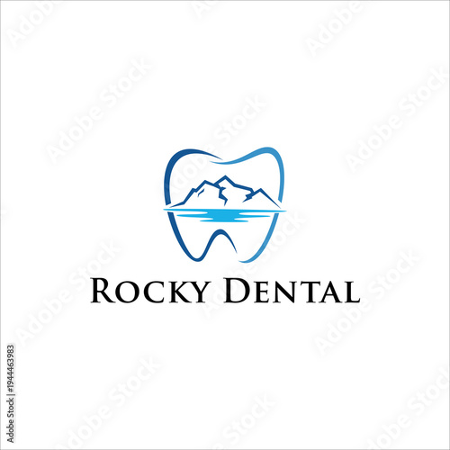 Mountain dental logo vector icon with tooth and lake river mountain landscape symbol modern dental clinic healthcare dentistry branding design isolated on white background
