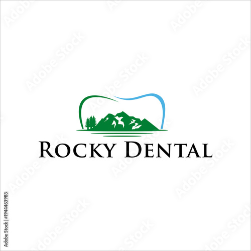 Mountain dental logo vector icon with tooth and lake river mountain landscape symbol modern dental clinic healthcare dentistry branding design isolated on white background