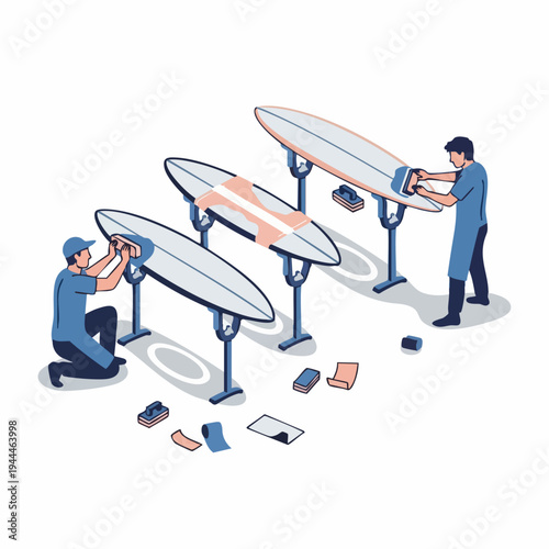 Surfboard Repair - Craftsmen Working on Surfboards in a Workshop.