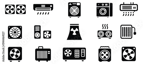 Climate Control System Icons Vector, black silhouette symbols of air conditioners, fans, humidifiers, and industrial cooling towers, HVAC concepts, ventilation, and air conditioning equipment illustra