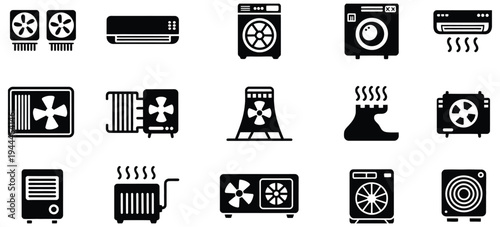 Climate Control System Icons Vector, black silhouette symbols of air conditioners, fans, humidifiers, and industrial cooling towers, HVAC concepts, ventilation, and air conditioning equipment illustra