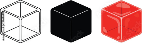 Set of three isometric cubes with rounded edges featuring outline solid black and glossy red variations ideal for abstract design elements or UI icons