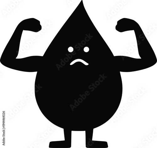 A black silhouette water droplet flexing its muscular arms with a sad face expression