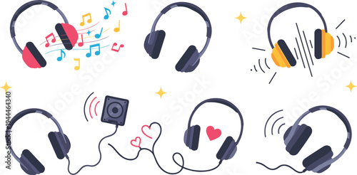 Headphones listening to music set with sound waves, notes, speaker and audio cable cartoon vector illustration