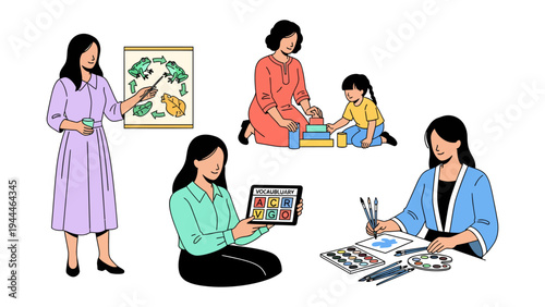 Artistic Education and Teaching: An illustration of a woman educating with students. Depicting a scene of education and artistry