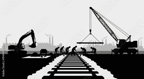 Construction workers building railroad tracks with heavy machinery.