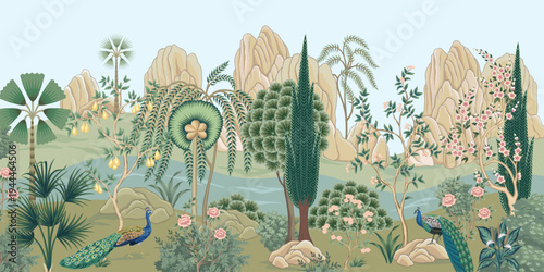 Indian peacock, palms, trees, plants, mountain, river border. Oriental landscape mural.	