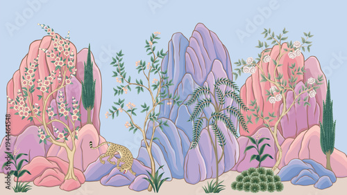 Vintage botanical floral tree, mountain, plant border. Exotic mural.