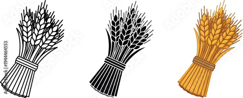 Set of wheat or grain bundles in various styles including outline solid and colored vector illustrations perfect for agriculture and harvest-themed designs