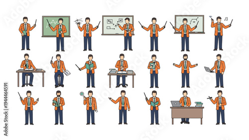 Versatile Educator's Ensemble: A collection of various images showcasing an educator in diverse poses. Each illustration captures the educator in distinct classroom activities.