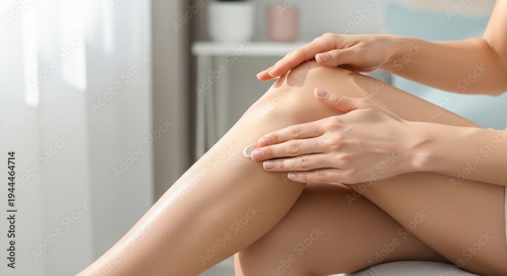Fototapeta premium Woman applying insect repellent spray on legs for mosquito protection.