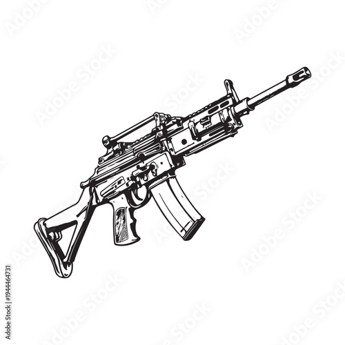 Black silhouette of machine gun on white background. Weapons of police and army
