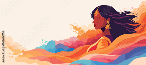 Vector illustration with space for text featuring an Indian woman in traditional jewelry, surrounded by colorful, flowing waves of Holi. For promoting Indian culture, holiday posters, artistic design