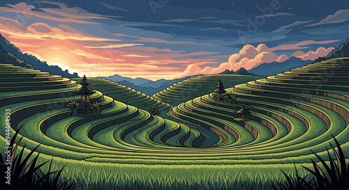 Pixel art illustration of beautiful terraced rice fields glowing under the warm light of a sunset or sunrise, showcasing a tranquil and picturesque agricultural landscape
