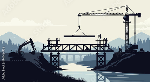 Construction site with cranes building bridge.