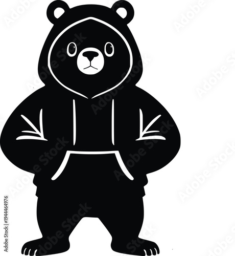 A stylized bear wearing a hooded sweatshirt with a relaxed pose
