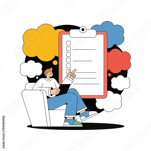 A man sitting on a couch with a large clipboard and thought bubbles
