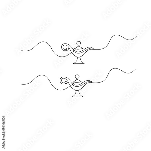 Continuous line drawing of a magic genie lamp on a white background
