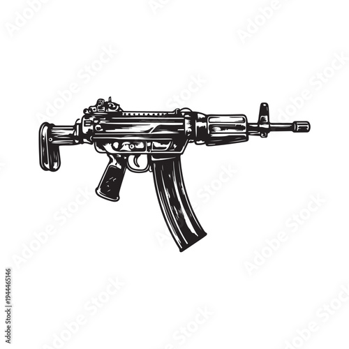 Black silhouette of machine gun on white background. Weapons of police and army