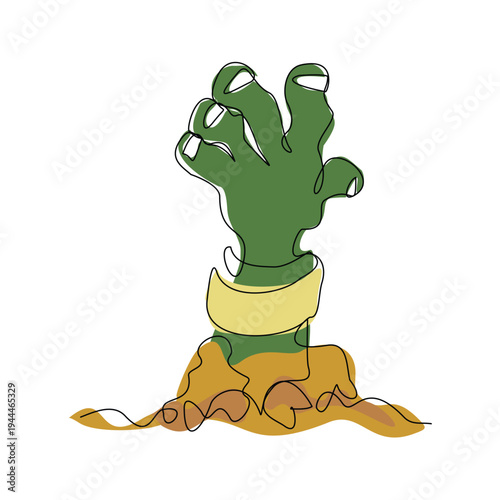 Continuous line sketch drawing of zombie monster hand finger rising from cemetery graveyard tomb single stroke editable vector illustration