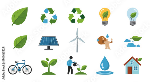 Eco-Friendly and Renewable Energy Icons Set - Environmental Protection & Sustainable Living Concepts