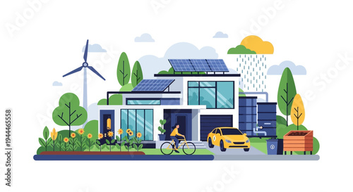 Modern Sustainable Home: Eco-Friendly Living with Solar Panels, Wind Power, Rainwater Harvesting & Green Transport