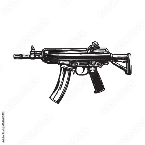Black silhouette of machine gun on white background. Weapons of police and army