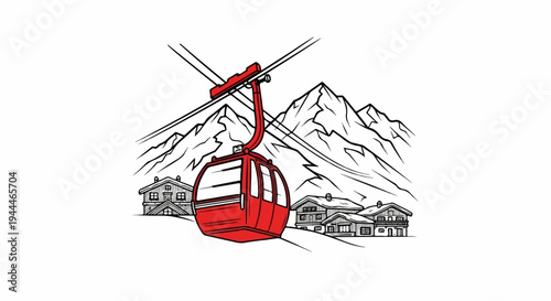 Red ski lift cabin descends past alpine chalets towards snowy mountains